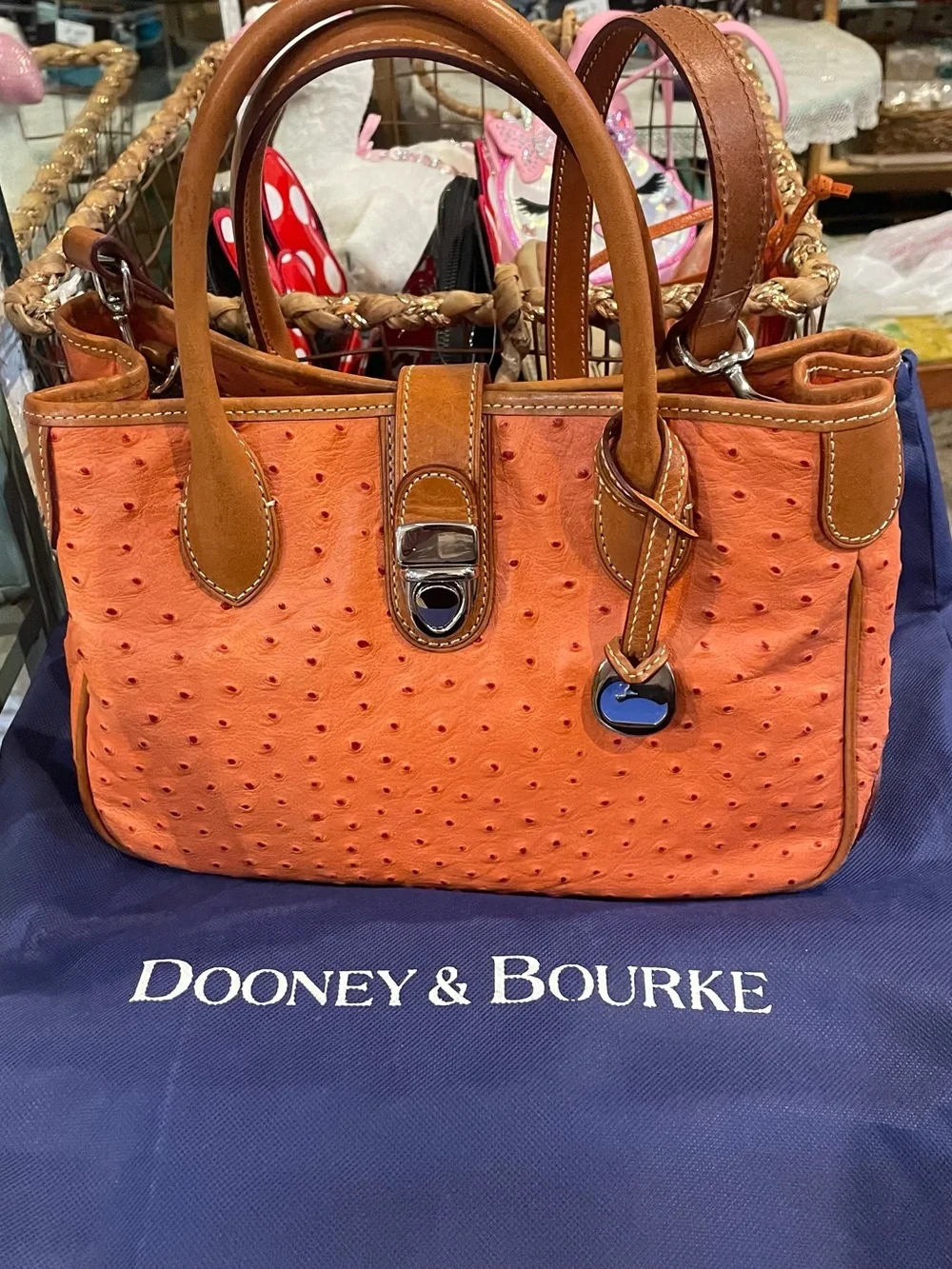 Dooney & Bourke Orange Ostrich-Embossed Leather Satchel with Tan Trim